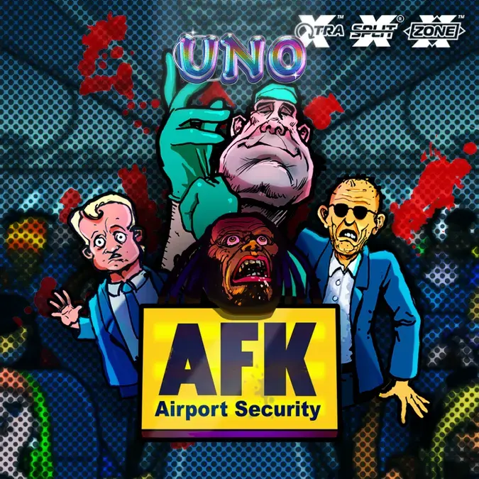 Captura de tela do jogo AFK Airport Security, mostrando os rolos com símbolos temáticos de aeroporto e a interface do jogo.